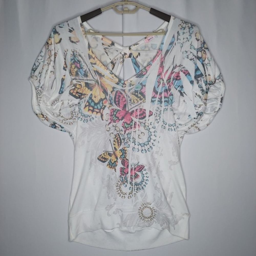 Lipstick Y2K Top Women‎ Large Short Puff Sleeve Vneck Butterfly Fairycore Grunge